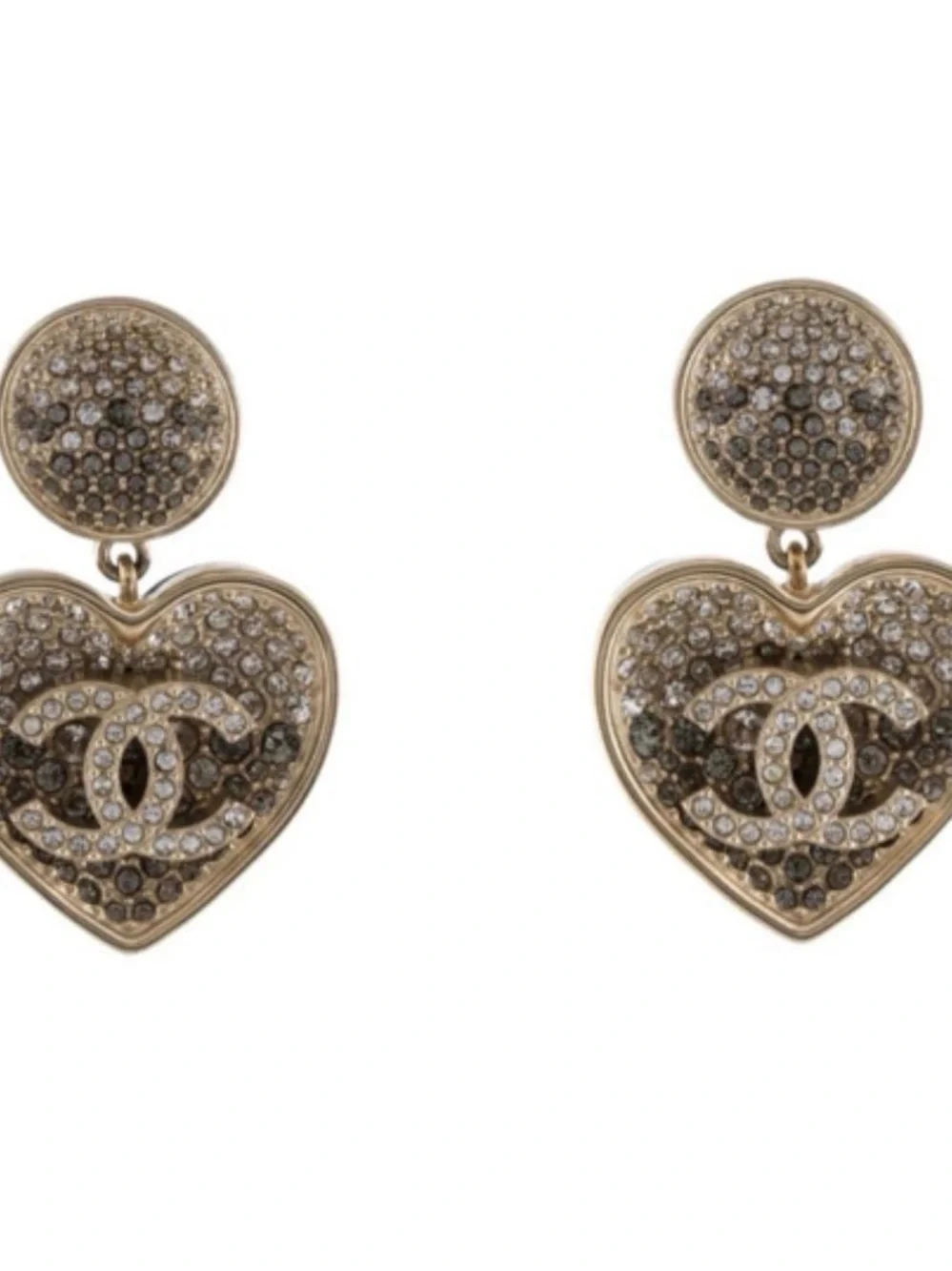 CHANEL Gold-Tone Crystal Heart Drop Earrings with CC Motif
